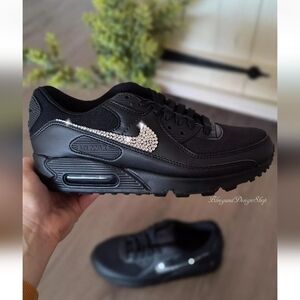 Bling Nike Air Max 90 Women's Leather Black Shoes Customized with Crystals